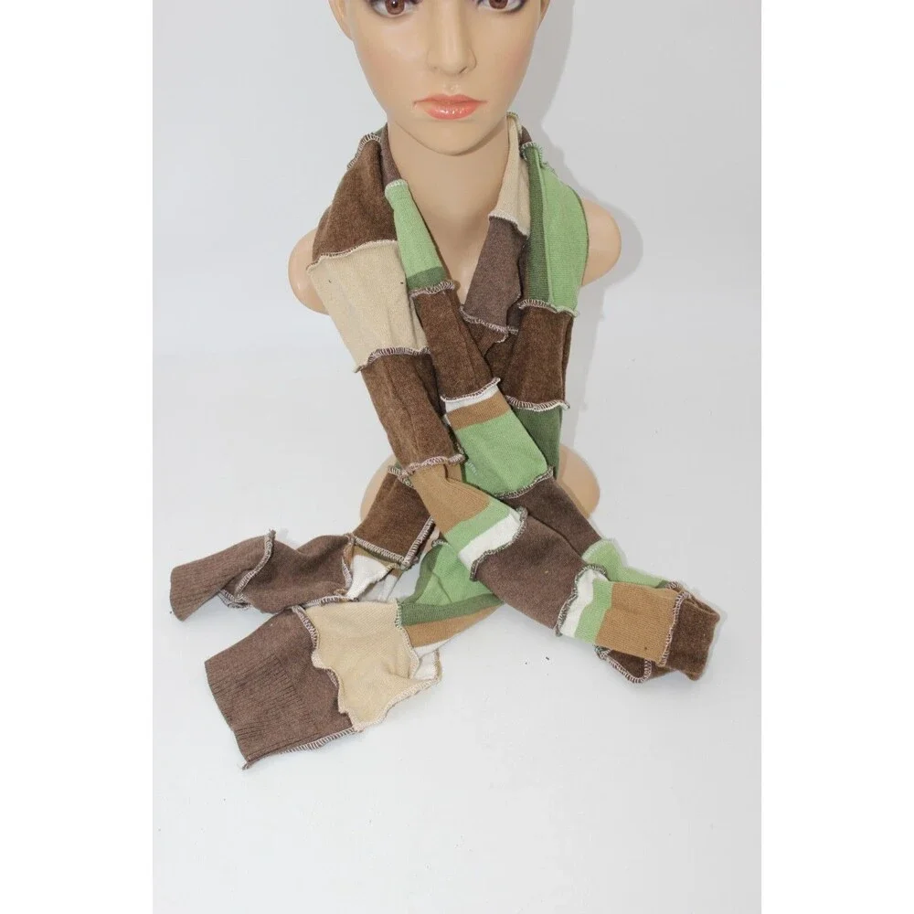 Scarf Upcycled Green Brown Whit Sweaters Winter Wedding ~8 ft Long Handmade Boho